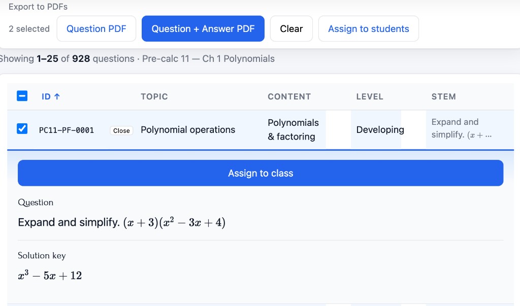 Instructor selecting questions from the bank and assigning them to class with solution key visible