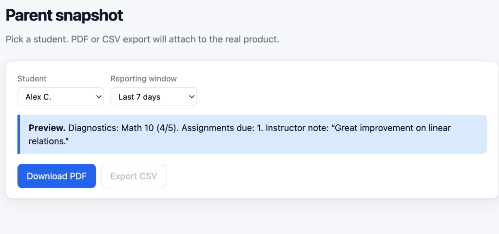Parent snapshot with student progress, assignments due, and instructor feedback