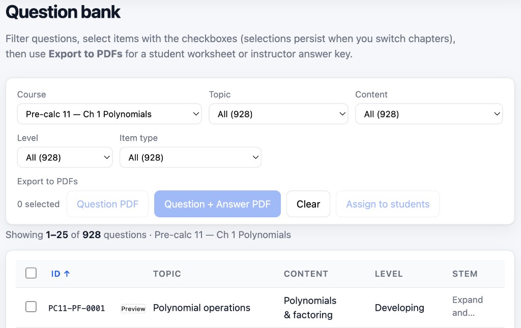 Question bank with course, topic, and level filters plus selectable curriculum items